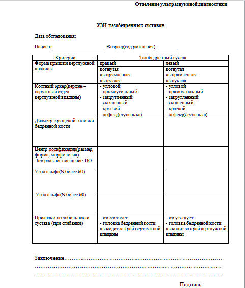 Протокол узи тазобедренного сустава у взрослых образец