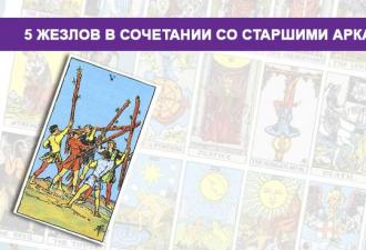 Fem af tryllestave Tarotkort, der betyder opretstående og omvendt